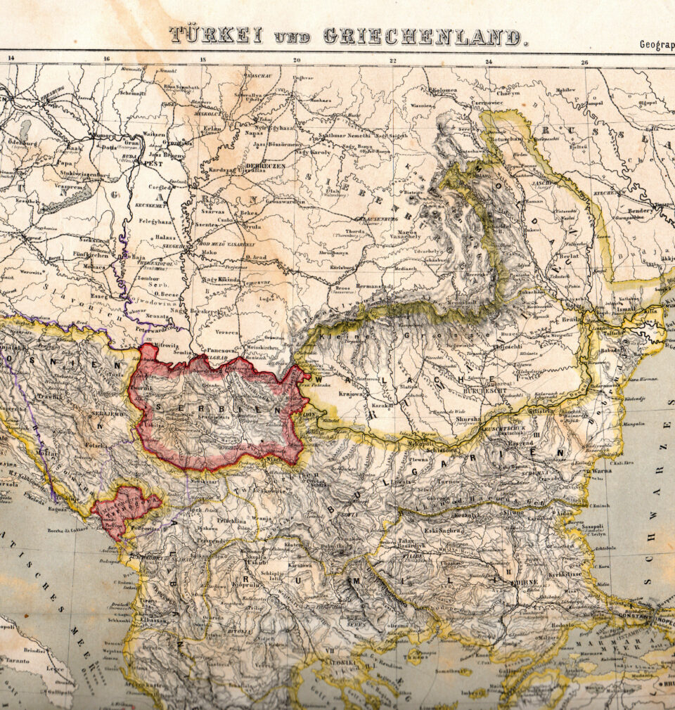 Stara mapa przedstawiająca Bałkany.