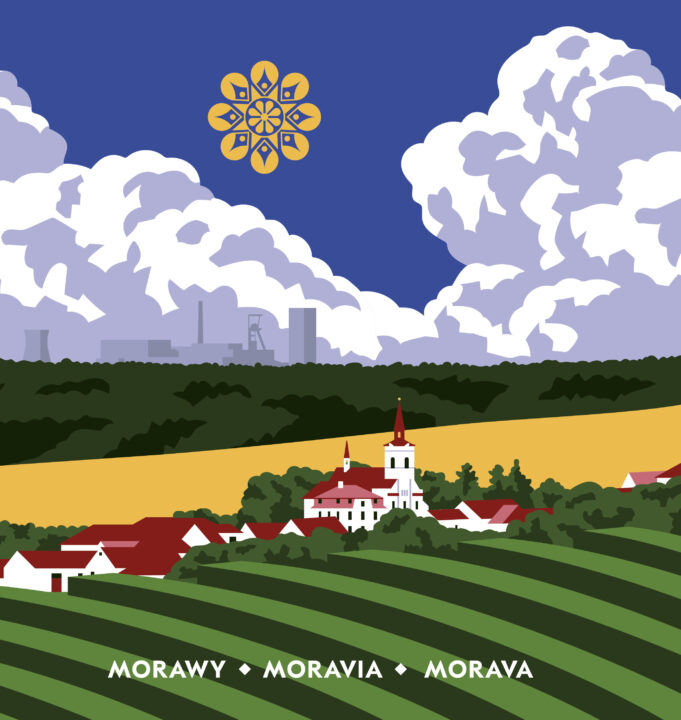 Stylizowana ilustracja przedstawiająca krajobraz Moraw. Na pierwszym planie widoczne są zielone, pasiaste pola uprawne oraz zabudowania niewielkiej miejscowości z dominującym kościołem o czerwonych dachach. W tle rozciąga się ciemny pas lasu, ponad którym unoszą się jasne chmury przesłaniające sylwetkę zakładów przemysłowych. Na granatowym niebie umieszczono żółty motyw inspirowany ludowym ornamentem. U dołu znajduje się napis: „Morawy • Moravia • Morava”.