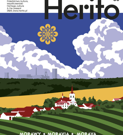 Okładka 59. numeru „Herito” poświęconego Morawom. Ilustracja zestawia charakterystyczny krajobraz rolniczy i architekturę regionu z obecnym w tle dziedzictwem przemysłowym, podkreślając wielowarstwową historię i tożsamość Moraw.