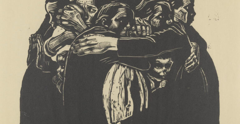 Grafika Die Mütter przedstawiająca zwartą grupę kobiet i dzieci przytulonych do siebie w geście ochrony i bliskości. Ciemne, mocno kontrastowe sylwetki tworzą niemal zwartą bryłę, z której wyłaniają się twarze, dłonie i skulone postacie dzieci.