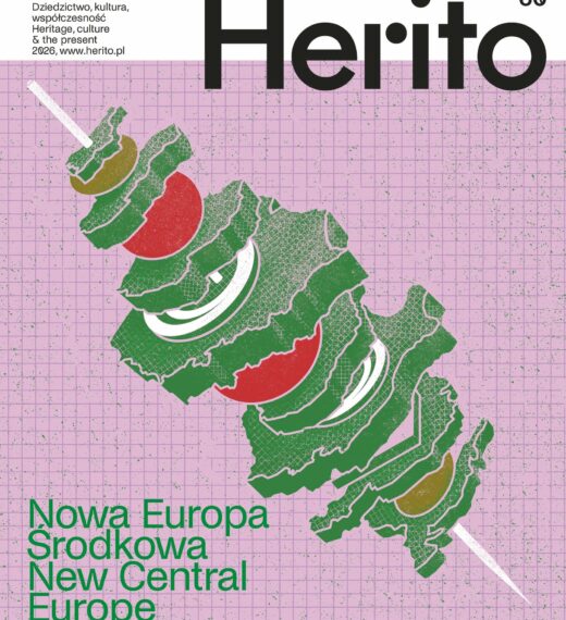 Okładka 60. numeru magazynu HERITO zatytułowanego Nowa Europa Środkowa. Na różowym tle z siatką widoczna jest stylizowana kompozycja z konturów państw Europy Środkowej, rozdzielonych na zielone warstwy z czerwonymi, białymi i złotymi elementami.