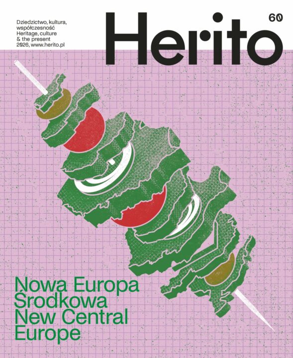Okładka 60. numeru magazynu HERITO zatytułowanego Nowa Europa Środkowa. Na różowym tle z siatką widoczna jest stylizowana kompozycja z konturów państw Europy Środkowej, rozdzielonych na zielone warstwy z czerwonymi, białymi i złotymi elementami.